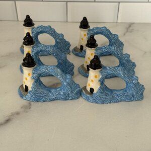 Vintage 1996 Lighthouse Napkin Rings Ceramic Blue Set of 6